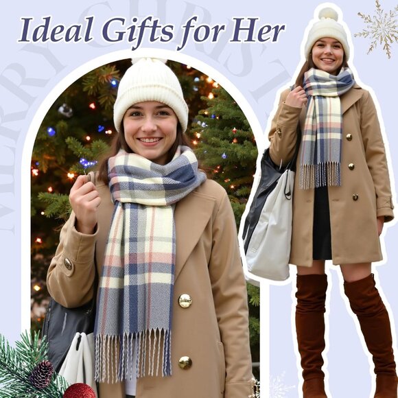 Women's Navy Beige Red  Scarf Fashion Long Plaid Shawls Wraps Big Grid Winter - Picture 6 of 7